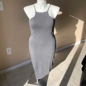 Express Gray High Neck Midi Angled‎ Hem Form fitting dress size Large